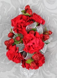 6 Red Mini Carnation Corsage With Glittered Berries from Flowers by Ray and Sharon in Muskegon, MI