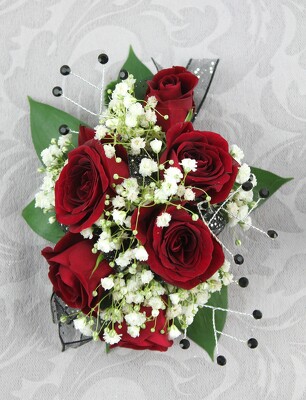 6 Red Rose Corsage with Baby's Breath and Rhinestones from Flowers by Ray and Sharon in Muskegon, MI