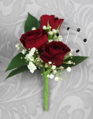 3 Red Rose Boutonniere with Baby's Breath and Rhinestones from Flowers by Ray and Sharon in Muskegon, MI