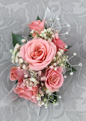 6 Pink Rose Corsage with Baby's Breath and Rhinestones from Flowers by Ray and Sharon in Muskegon, MI