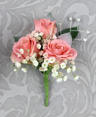 3 Pink Rose Boutonniere with Baby's Breath and Rhinestones from Flowers by Ray and Sharon in Muskegon, MI