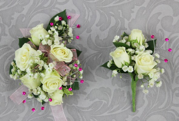 6 White Rose Set with Baby's Breath and Rhinestones from Flowers by Ray and Sharon in Muskegon, MI