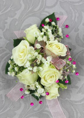 6 White Rose Corsage with Baby's Breath and Rhinestones from Flowers by Ray and Sharon in Muskegon, MI