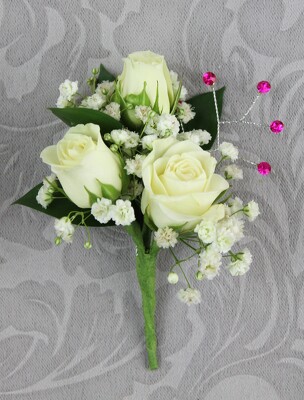 3 White Rose Boutonniere with Baby's Breath and Rhinestones from Flowers by Ray and Sharon in Muskegon, MI