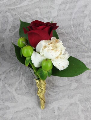 Red Rose, White Mini Carnation Boutonniere with Hyp. Berries from Flowers by Ray and Sharon in Muskegon, MI