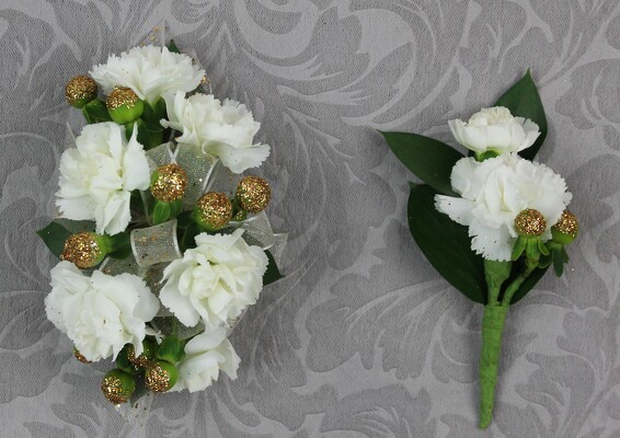 6 White Mini Carnation Set With Glittered Berries from Flowers by Ray and Sharon in Muskegon, MI