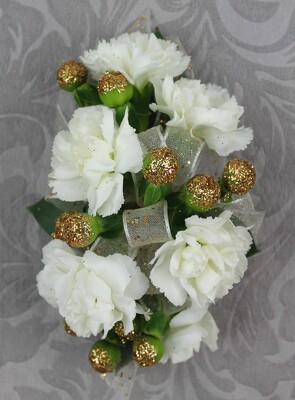 6 White Mini Carnation Corsage With Glittered Berries from Flowers by Ray and Sharon in Muskegon, MI