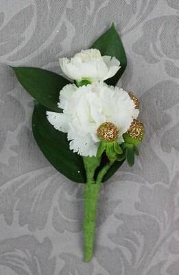 2 White Mini Carnation Boutonniere With Glittered Berries from Flowers by Ray and Sharon in Muskegon, MI