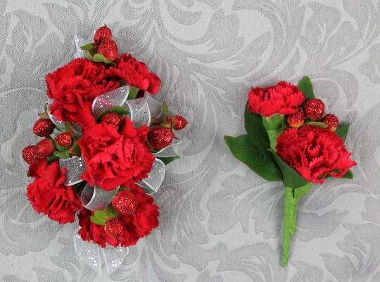 6 Red Mini Carnation Set With Glittered Berries from Flowers by Ray and Sharon in Muskegon, MI