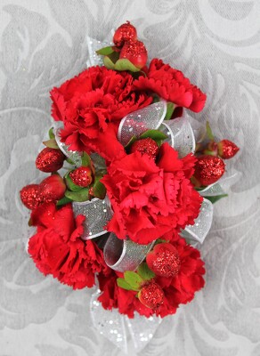 6 Red Mini Carnation Corsage With Glittered Berries from Flowers by Ray and Sharon in Muskegon, MI