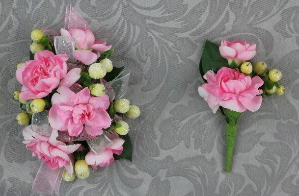 6 Pink Mini Carnation Set With Glittered Berries from Flowers by Ray and Sharon in Muskegon, MI