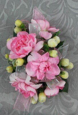 6 Pink Mini Carnation Corsage With Glittered Berries from Flowers by Ray and Sharon in Muskegon, MI