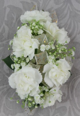 6 White Mini Carnation Corsage with Baby's Breath from Flowers by Ray and Sharon in Muskegon, MI