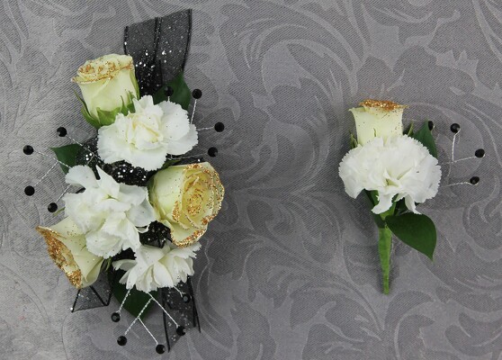 3 White Glitter Rose & 3 Mini Carnation and Rhinestones Set from Flowers by Ray and Sharon in Muskegon, MI