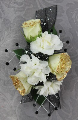 3 White Glitter Rose & 3 Mini Carn and Rhinestones Corsage from Flowers by Ray and Sharon in Muskegon, MI