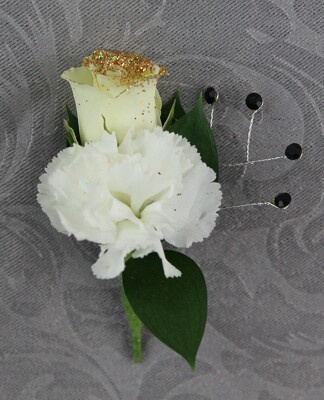 White Glittered Rose and Mini Carnation Bout with Rhinestone from Flowers by Ray and Sharon in Muskegon, MI