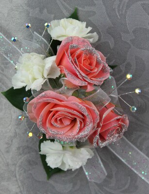 3 Pink Glitter Rose & 3 White Mini Carn and Rhines Corsage from Flowers by Ray and Sharon in Muskegon, MI