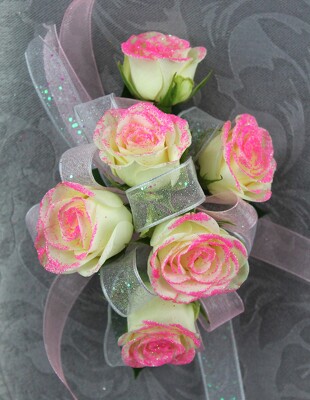 6 White Rose Corsage with Pink Glitter from Flowers by Ray and Sharon in Muskegon, MI
