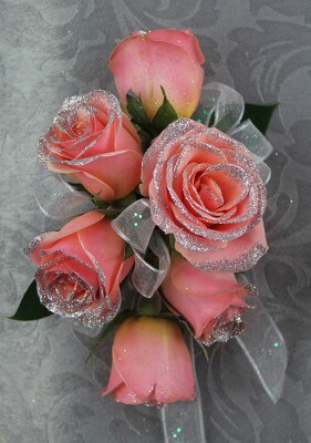 6 Pink Rose Corsage with Silver Glitter from Flowers by Ray and Sharon in Muskegon, MI