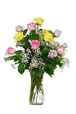 Dozen Mixed Roses Vased with Baby's Breath from Flowers by Ray and Sharon in Muskegon, MI