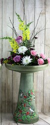 Colorful Birds on a Bird Bath with flower arrangement from Flowers by Ray and Sharon in Muskegon, MI