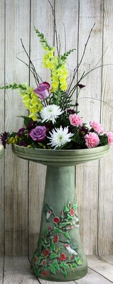 Colorful Birds on a Bird Bath from Flowers by Ray and Sharon in Muskegon, MI