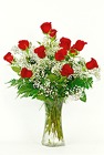 Dozen Roses with Baby's Breath Vased from Flowers by Ray and Sharon in Muskegon, MI
